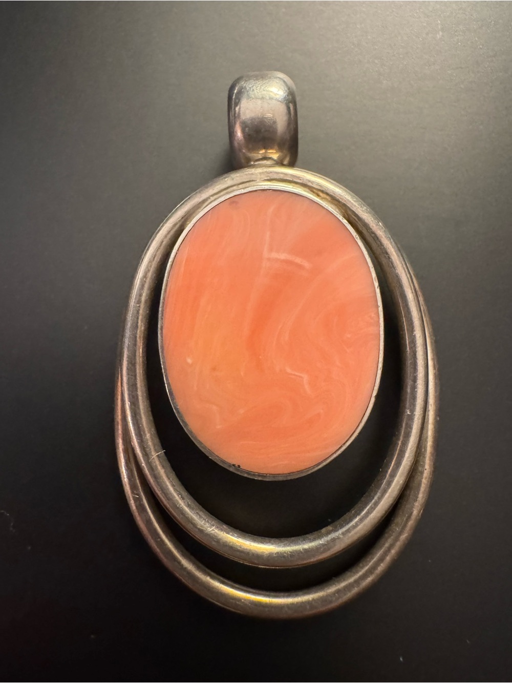 Vintage Mexico Sterling Silver Modernist Pendant - Pink Cabochon